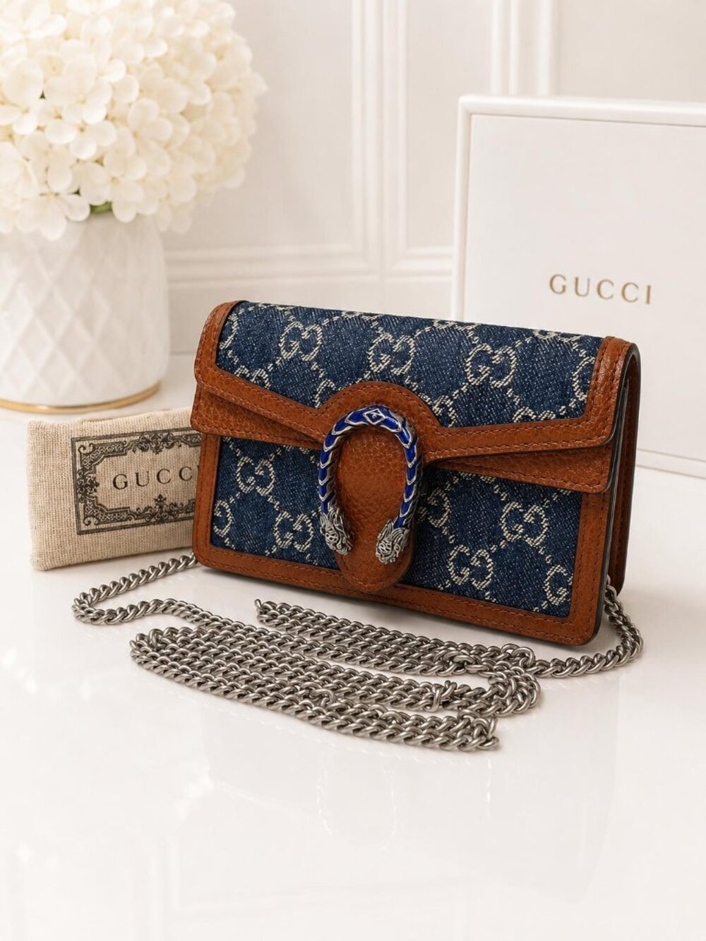 Authentic Gucci Dionysus Super Mini Denim GG Chain Wallet Blue Brown